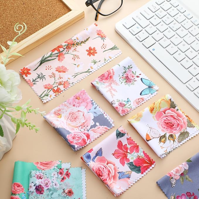 Sinmoe 20 Pcs Microfiber Cleaning Cloth Elegant Flower Design Microfiber Cloth Soft Multicolor Glasses Cleaner for Eyeglasses Camera Lens Cell Phone Screens Glasses, 6 x 6 Inches