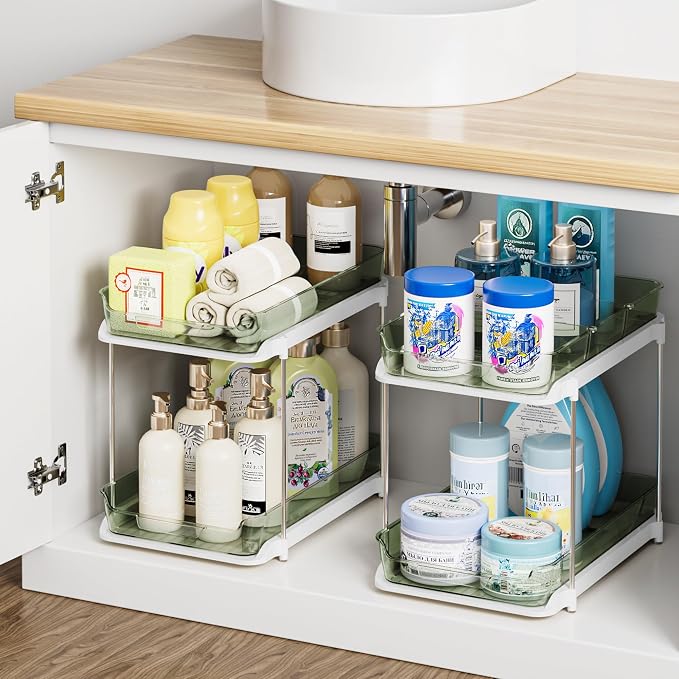 Delamu 2-Tier Multi-Purpose Bathroom Under Sink Organizers and Storage, Stackable Kitchen Pantry Organization, Pull Out Medicine Cabinet Organizer with Movable Dividers, Light Green, 4 Pack