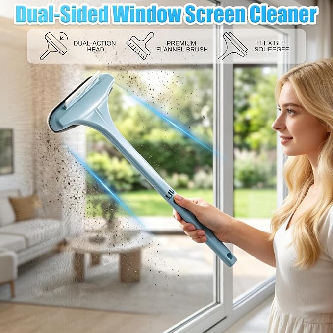 Window Screen Cleaning Brush,2-in-1 Multi-Purpose Cleaning Brush Efficient Cleaning,Window Screen Cleaner Tool with Squeegee,Mesh Cleaner Brush for Patio,Door,Porch Screens (Blue)