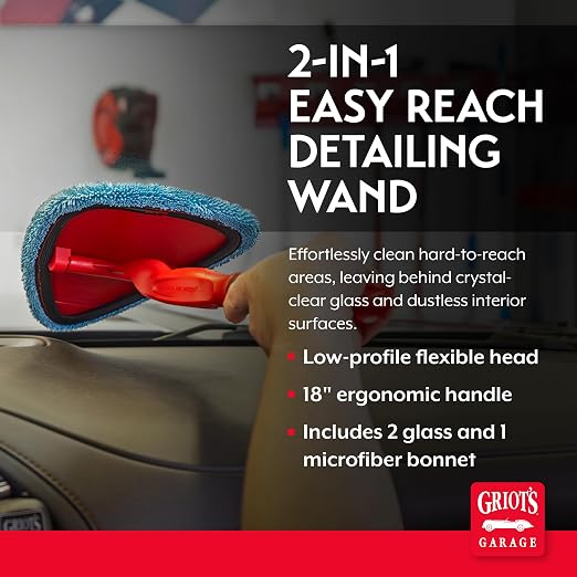 Griot's Garage 2-in-1 Easy Reach Detailing Wand, Extended Reach for Windshield, Window, Mirror, Dashboard, Vehicle Cleaning, 18" Handle