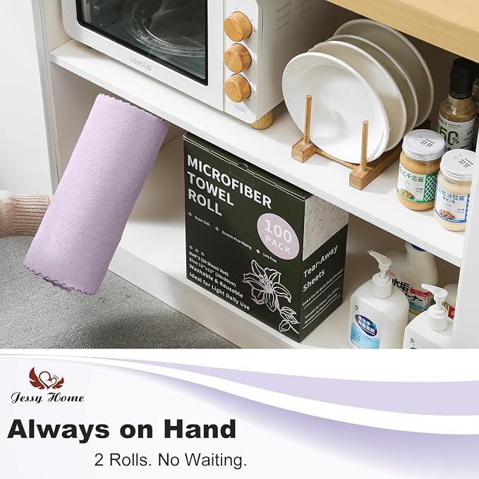 Jessy Home 2 Roll Reusable Paper Towels,100 Sheets Tear Away Microfiber Cleaning Cloth, Lint Free Cleaning Rags for Kitchen, Dishcloth,Household Cleaning Supplies