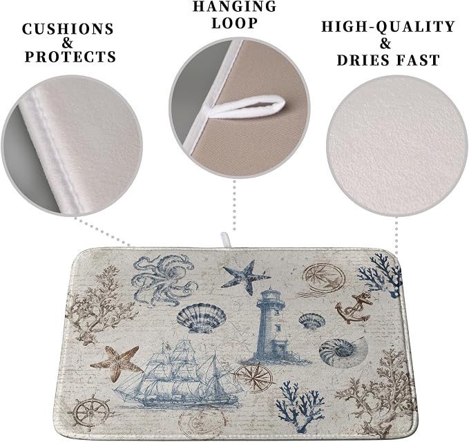 Nautical Coastal Dish Drying Mat for Kitchen Counter Summer Ocean Sailboat Starfish Seashell Absorbent Microfiber Dish Mat Reusable Washable Dish Drainer Rack Mat 18x24 Inch