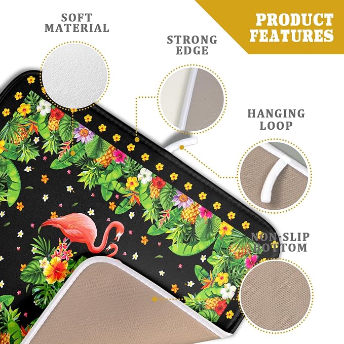 Giwawa Tropical Flamingo Dish Drying Mat Palm Leaves Absorbent Dishes Drainer Pad Microfiber Dish Rack Mat for Kitchen Countertop Decor 16x18 Inch