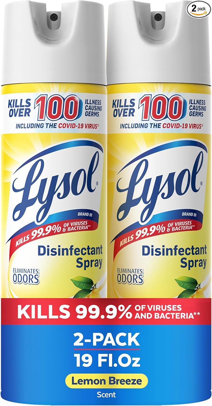 Lysol Disinfectant Spray, Household Cleaning Supplies, Disinfecting Multi-Purpose Room Spray, Antibacterial Sanitizer, Deodorizer, Kills Hantavirus, Lemon Breeze, 19 Fl Oz (Pack of 2)