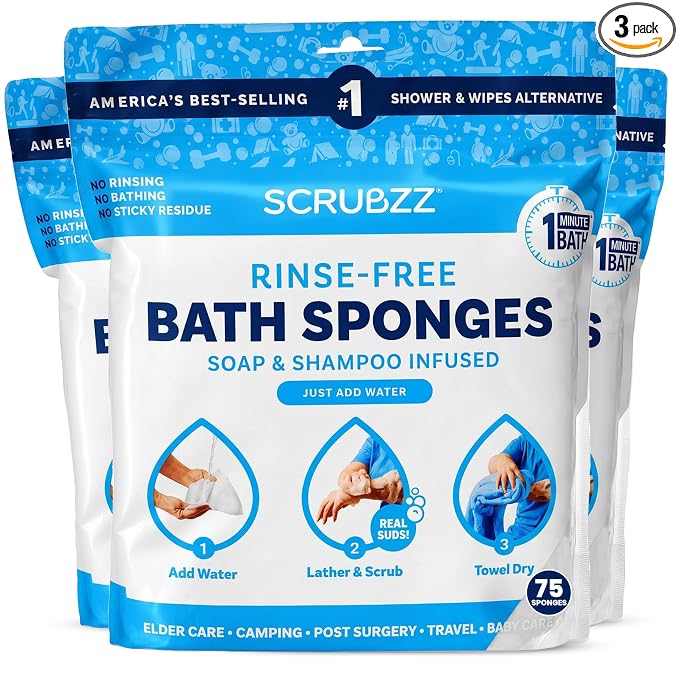 Scrubzz Disposable No Rinse Bathing Wipes - All-in-1 Single Use Shower Wipes, Simply Dampen, Lather, and Dry Without Shampoo or Rinsing (Unscented, 3-Pack)