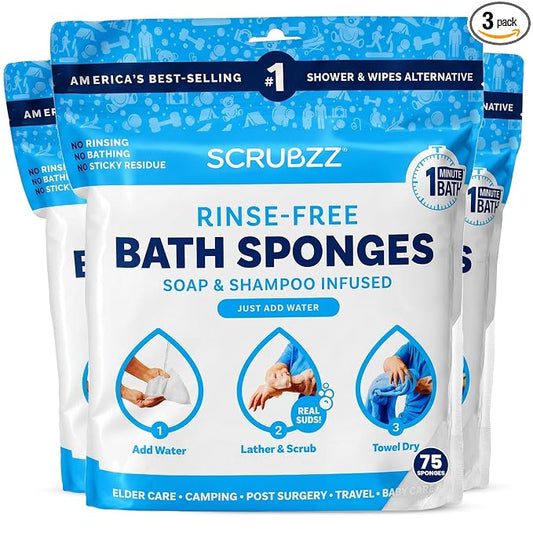 Scrubzz Disposable No Rinse Bathing Wipes - All-in-1 Single Use Shower Wipes, Simply Dampen, Lather, and Dry Without Shampoo or Rinsing (Unscented, 3-Pack)