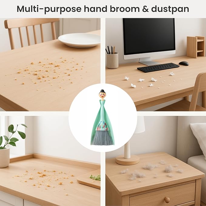 Vigar Mini Broom and Dustpan Set - Small Broom and Dustpan, Hand Broom for Desk, Kitchen, Car, Crumb Brush for Dust & Pet Hair, Decorative Doll Design, Portable Dust Pan Brush for Indoor - Turquoise