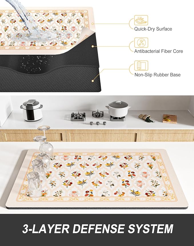 Rnivvi Dish Drying Mat for Kitchen Counter, XL 15 x 24" Cute Flower Theme Absorbent Draining Pad, Non-Slip Heat Resistant Coffee Bar Mat for Coffee Machine Station Accessories, Beige Dish Rack Pad