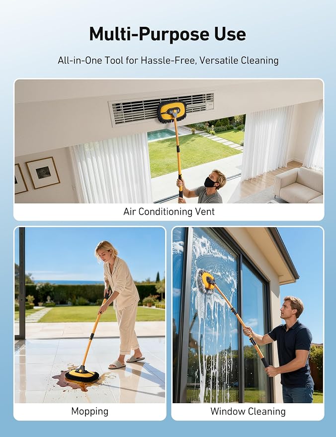 AstroAI 15°Curved Car Wash Brush with 43" Long Handle and 90° Rotating Replaceable Brush Head, Car Wash Kit with Microfiber Towel and Tire Brush for Car, SUV, RV, Floor Cleaning, Yellow