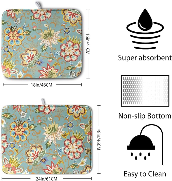 Boho Floral Kitchen Dish Drying Mat for Dishes 16x18 Inch Vintage Mandala Colorful Flowers Drying Mat Green Bohemian Dish Drainer Mat Super Absorbent Dish Rack Pad for Coffee Bar Sinks