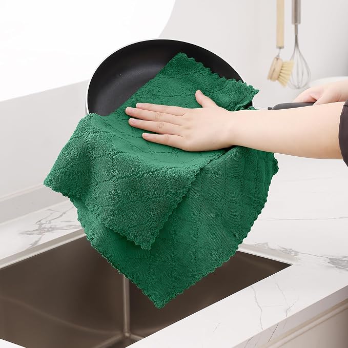 Homaxy 12 Pack Dish Towels for Kitchen (13 x 19 Inches, Dark Green), Super Soft and Absorbent Coral Velvet Dish Cloths for Washing Dishes, Nonstick Oil Fast Drying Microfiber Cleaning Cloth