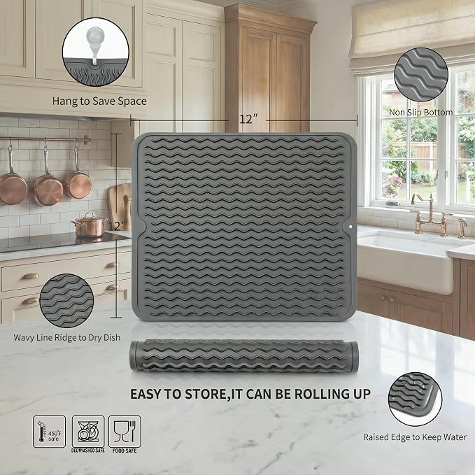 MicoYang Silicone Dish Drying Mat for Multiple Usage,Easy clean,Eco-friendly,Heat-resistant Silicone Mat for Kitchen Counter or Sink,Refrigerator or Drawer liner Grey M 12 inches x 12 inches