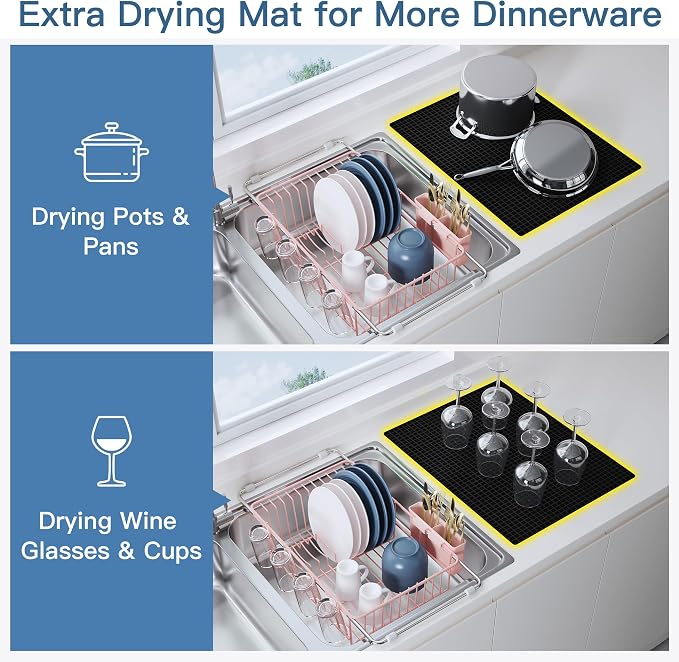 JASIWAY Pink Dish Drying Rack in Sink with Mat, Expandable Stainless Steel Dish Drainers for Kitchen Counter, Space Saving Dish Dryer for Inside Sink, Over Sink Dish Racks with Utensil Holder