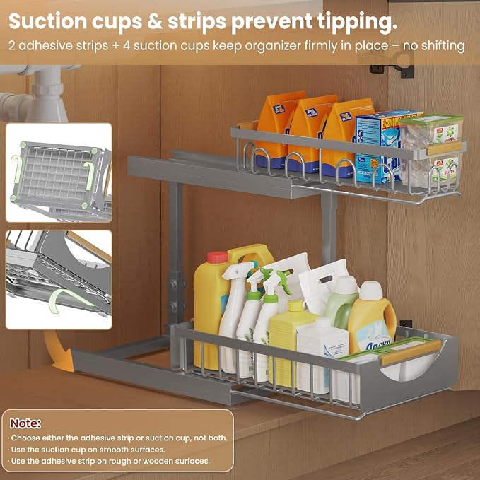 2 Pack 2 Tier Under Sink Organizer and Storage for Bathroom and Kitchen - Under Cabinet Pull Out Shelf Organizers - Sliding Out Drawer Organization for Home Cabinets Shelves and Drawers