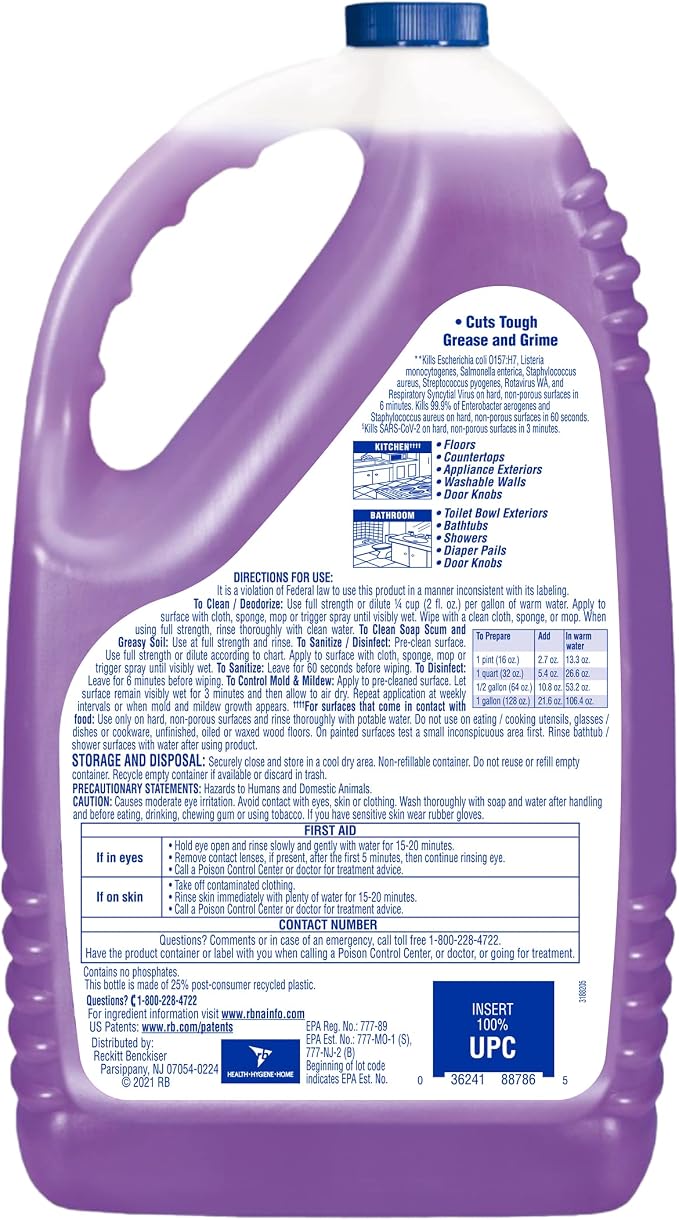 Lysol All Purpose Cleaner, Multi-Surface Disinfectant Floor Cleaner for Mopping Solution, Household Cleaning Supplies, for Bathroom & Kitchen, Lavender Orchid Scent, 4x144 oz