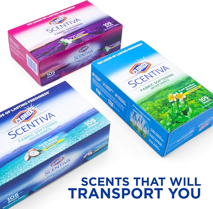Clorox Scentiva Fabric Softener Dryer Sheets, Pacific Breeze & Coconut Scent - Wrinkle Reducing Scented Softening Laundry Dryer Sheets for Great Smelling Clothes, 105 Count