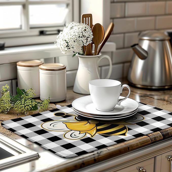 Bee Drying Mats for Kitchen Counter 18×24 Inch Black and White Buffalo Plaid Honey Bee Kitchen Drying Mats for Dishes Summer Microfiber Dish Pad Absorbent Dish Rack Mat
