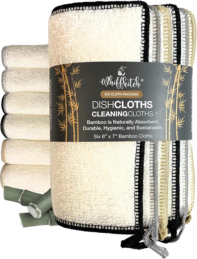 Whiffkitch Dishcloths Dishrags for Kitchen and Household Cleaning 6x7 6-Pack Non-Scratch 2-Ply Weave, Rayon Derived from Bamboo, Absorbent, Washable, Long-Lasting