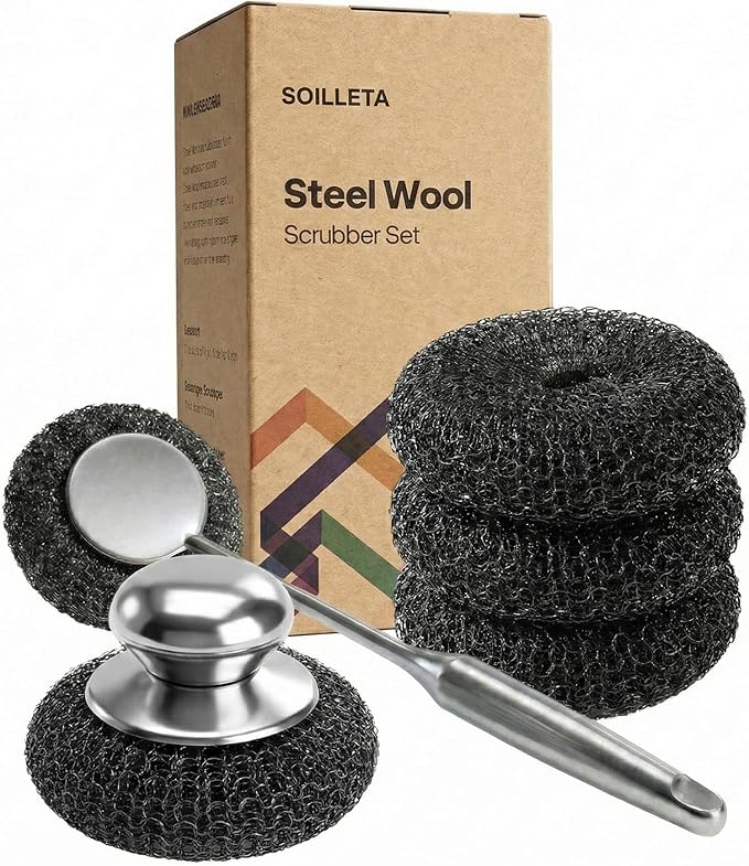 5 Pcs Steel Wool Scrubbers - Premium 304 Stainless Steel Metal Sponges for Cast Iron Skillets, Grill & Kitchen Pots - Rust Resistant, Non-Splintering Heavy Duty Scouring Pads for Tough Grease