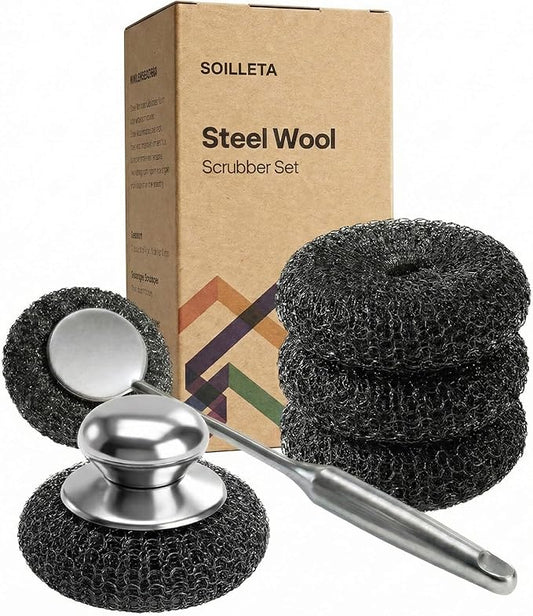 5 Pcs Steel Wool Scrubbers - Premium 304 Stainless Steel Metal Sponges for Cast Iron Skillets, Grill & Kitchen Pots - Rust Resistant, Non-Splintering Heavy Duty Scouring Pads for Tough Grease