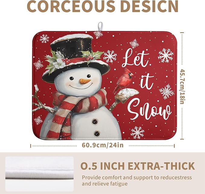 Snowman Christmas Dish Drying Mat Winter Drying Mats for Kitchen Counter Xmas Holiday Red Dish Draining Mat Microfiber Absorbent Reusable Dish Rack Pad 18x24 Inch