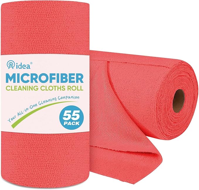 AIDEA Microfiber Cleaning Cloth Roll-55 Sheets, Red Cleaning Rags 11×9" | Microfiber Towels for Cars, Shop Towels Reusable Paper Towels for Automotive, Workshop, House, Kitchen, Cleaning Supplies