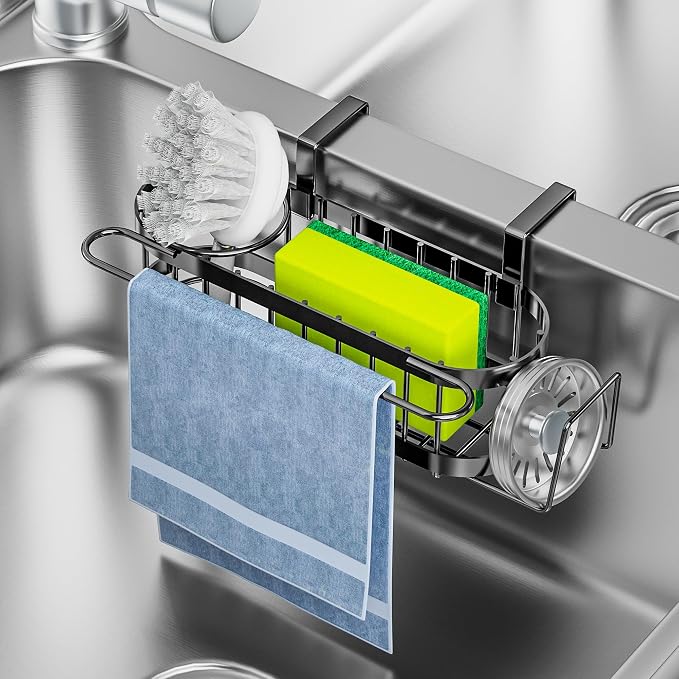 Cisily Kitchen Sink Caddy Sponge Holder in The Sink, Stainless Steel Kitchen Sink Organizer, Brush Holder, Dish Cloth Hanger, Sink Stopper Holder (Hanging-Black)