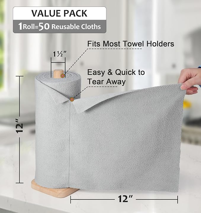 UPSTAR Microfiber Cleaning Cloth, Reusable Paper Towels Rolls, 50 Packs 12x12 inch Cleaning Rags for Washing Dishes, Kitchen, Bathroom, Car, Grey