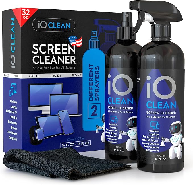 Screen Cleaner Spray (16oz+16oz) – Cleaning Kit for LCD LED OLED TV | Smartphone, iPad, Laptop, Touchscreen, Computer Monitor, Other Electronic Devices – 2 Microfiber Cloths and 4 Nozzles