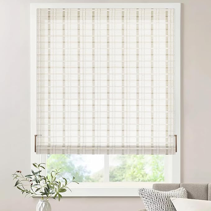 LazBlinds No Drill Bamboo Roller Shades, Whitewash B, 23" W x 64" H | No Tools Cordless Bamboo Blinds, Light Filtering Roll Up Blinds for Windows, French Door, Porch or Patio Privacy Screen