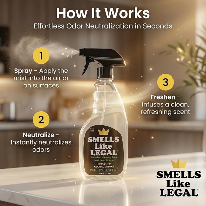 Smells Like Legal™ Patchouli Odor Eliminator Spray – Powerful Commercial-Grade – Eliminates Smoke, Pet & Food Odors at source – Fabric-Safe, Non-Staining – Biodegradable Air & Fabric Freshener – 16 oz | Commercial-Grade, Eliminates Smoke, Pet & Food Od...