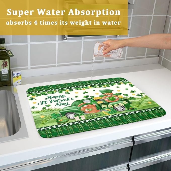Shamrock Truck Dish Drying Mat Buffalo Check Dish Drainer Mat 18x24 inch Reversible Microfiber Quick Dry Rack Pad for Kitchen Counter Sink