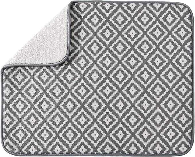 SUBEKYU Microfiber Dish Drying Mat for Kitchen Counter, Absorbent Dishes Drainer/Rack Pad for Countertop, 19.2 by 15.8 Inches (Rhombus), Grey, 1 Pack