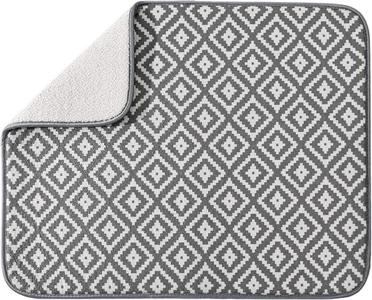SUBEKYU Microfiber Dish Drying Mat for Kitchen Counter, Absorbent Dishes Drainer/Rack Pad for Countertop, 19.2 by 15.8 Inches (Rhombus), Grey, 1 Pack