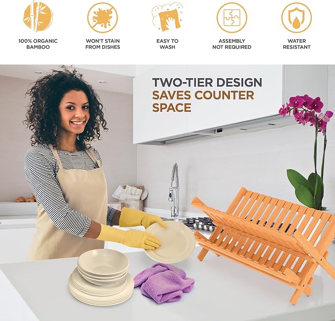 Collapsible Dish Drying Rack 2-Tier Bamboo Dish Drainer for Kitchen Counter | Foldable Wooden Dish Rack, Small Kitchen Drying Rack, Dish Strainer, Holds Plates Cups Bowls Utensils, No Assembly