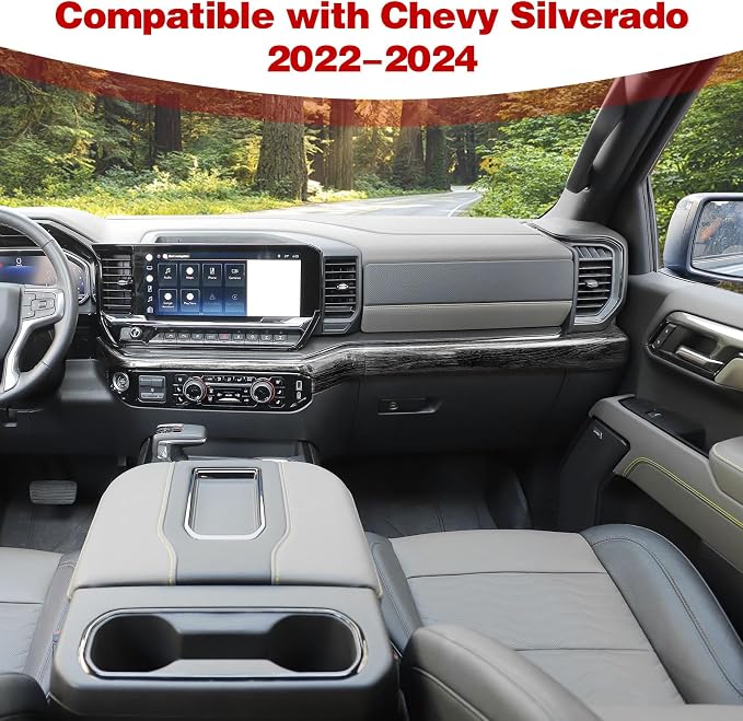 for Silverado Center Console Dashboard Panel Trim Cover for Chevy Silverado 2022 up Black Wood Grain Interior Accessories 2pcs
