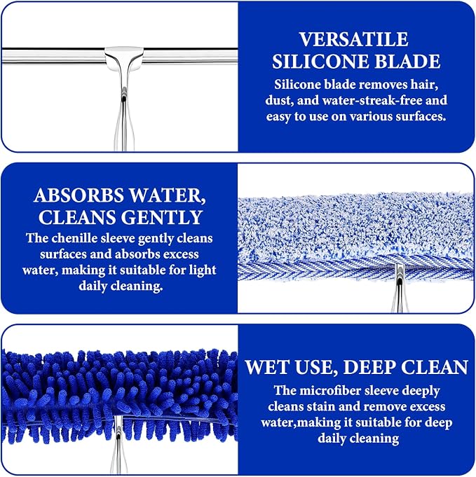 2-in-1 Window Shower Squeegee with Extension Pole for Glass Doors | Professional Window Cleaner Tool, 14" Wide Washing Equipment for High Outside Glass, Solar Panels, Shower, Car Windshield