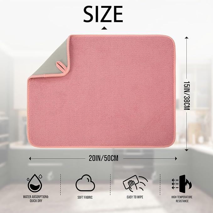 2 Pack Microfiber Dish Drying Mat for Kitchen Counter,Ultra Absorbent Dish Drainer Mat ,Dish Drying Pad , Dish Rack Mat 20×15 Inch (Pink)
