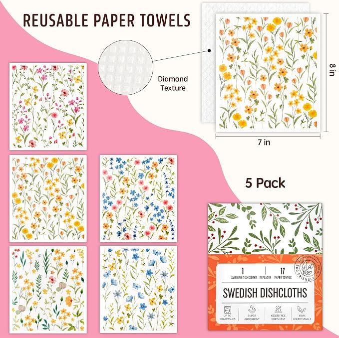 Swedish Dishcloths for Kitchen, 5 Pack Flowers Reusable Paper Towels Washable, Super Absorbent Swedish Dish Cloths, Biodegradable, Non-Scratch, No Odor