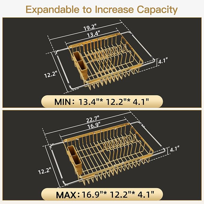 JASIWAY Expandable Stainless Steel Gold Dish Drying Rack Over The Sink for Small Kitchen, Counter Space Saving Compact Plate Drainer Strainer, Adjustable Hanging Metal Dish Dryer with Utensil Holder