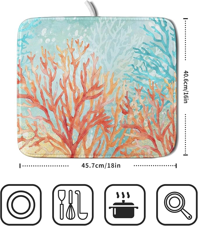 Giwawa Coastal Coral Dish Drying Mat Beach Ocean Drainer Rack Mat 16x18 Inch Microfiber Absorbent Reversible Dish Dry Pad for Kitchen Counter Sink
