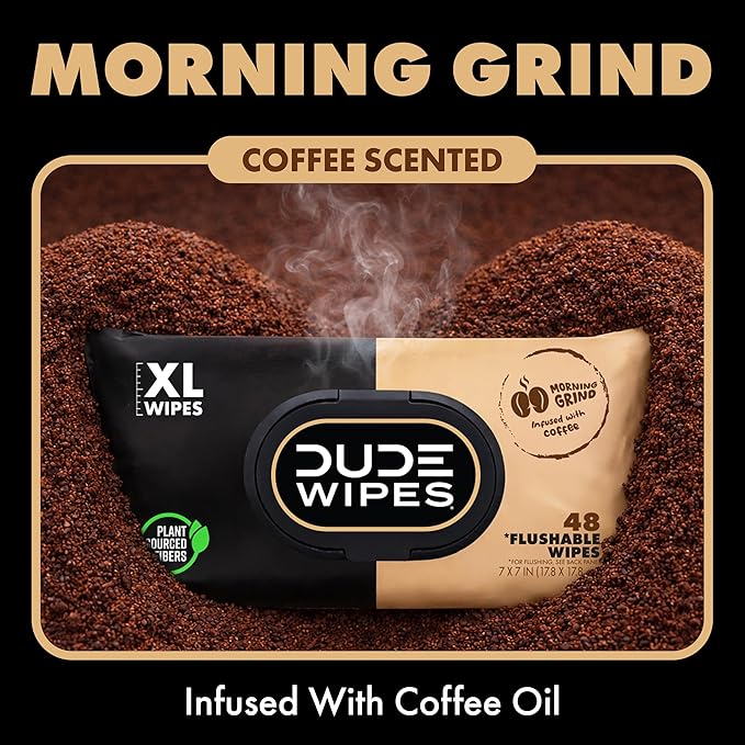 DUDE Wipes Morning Grind Flushable Wipes - Coffee Scented Extra-Large Adult Wet Wipes - 6 Pack (288 Count) - Infused with Coffee Oil, Vitamin E, and Aloe - Septic and Sewer Safe