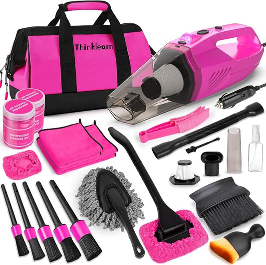 ThinkLearn Car Cleaning Kit with High Power Car Vacuum Detailing Kit | Cute Pink，Powerful 8000Pa Suction，15ft Long Cord，24piece Set，Interior Cleaning Deep Cleaning，Car Accessories Gift For Women