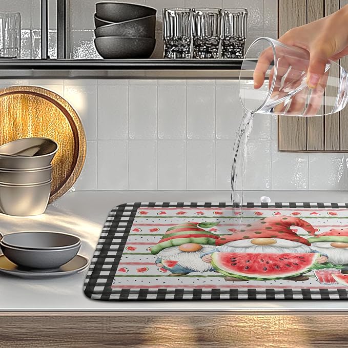 Summer Gnomes Dish Drying Mat Watermelon Buffalo Plaid Large Kitchen Dish Drying Pad Absorbent Drying Mat for Countertops Dish Dryer Mat Microfiber Dishes Drainer Pad Dish Drying Rack Mat 18x24 in