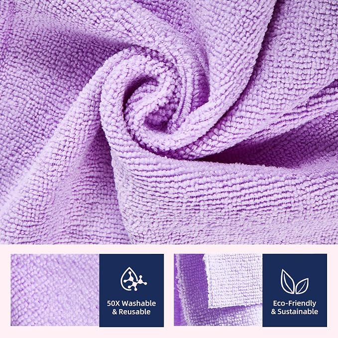 Microfiber Cleaning Cloth Roll - 50 Pack, Tear Away Microfiber Towels, 12" x 12", Reusable, Washable, Streak Free, Ultra Absorbent Dish Rags for Car, Home, Garage or Shop (Purple)