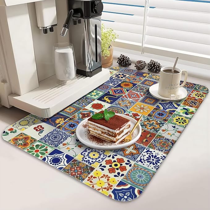 Dish Drying Mat 2-Pack with Talavera for Kitchen Counter Absorbent Dishes | Diatom Mud Mats (18x24, 19.5x12"). Non-slip rubber back for kitchen counter, coffee bar & sink scenes