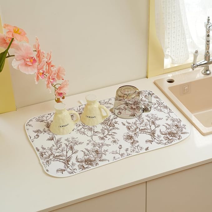 Chinoiserie Dish Drying Mat 18x24 Inches For Kitchen Counter Brown Floral Kitchen Decoration Drying Mat Vintage Decorative Flower Drying Pad Mat for Home Kitchen Decor,Dining Room,Office Decor