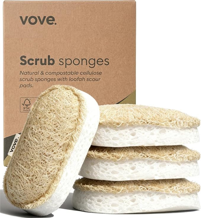 Vove Scrub Sponges 4 Pack, Cellulose & Cotton with Natural Loofah, Eco-Friendly Loofah Dish & Kitchen Sponges, Bathroom Scrubbing Pads, FSC-Certified Packaging