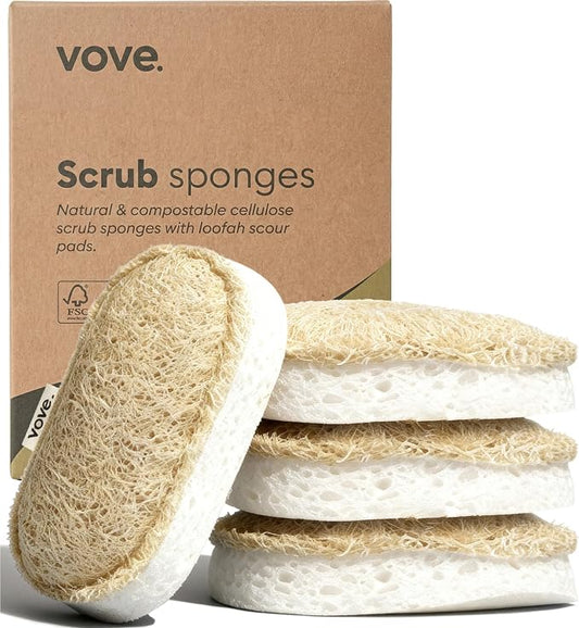 Vove Scrub Sponges 4 Pack, Cellulose & Cotton with Natural Loofah, Eco-Friendly Loofah Dish & Kitchen Sponges, Bathroom Scrubbing Pads, FSC-Certified Packaging