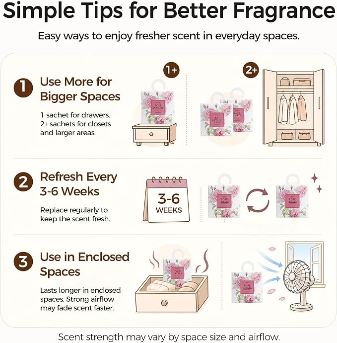 12 Pack Rose Scented Sachets, Air Freshener for Home & Small Spaces | Hanging Sachet Bags with Retractable Hook; Closet Deodorizer & Odor Eliminator for Drawers, Shoe Cabinets, Cars & Luggage